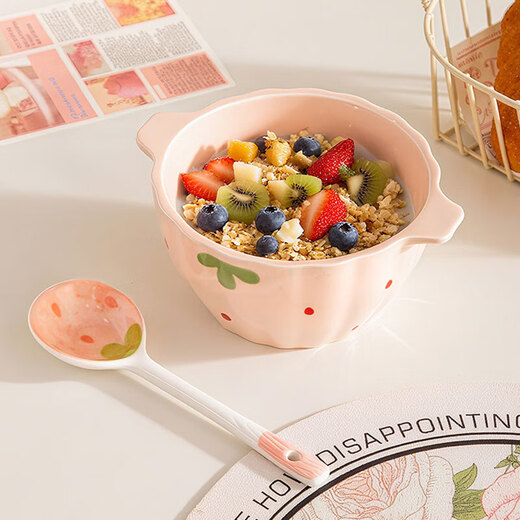 Girly Heart Strawberry Double-Eared Bowl and Spoon Thickened Soup Bowl Salad Bowl Rice Bowl Household Bowl High-Looking Underglaze Color Tableware Light Pink Strawberry Double-Eared Bowl (1 Bowl 1 Spoon) 2-piece Set