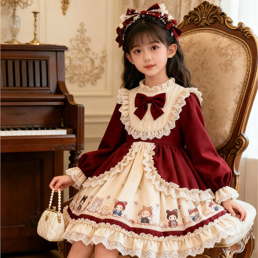 Kafanli (KafanIi) Girls Lolita Princess Dress 25 New Children's Birthday Dress Western Style Baby Girl Dress Autumn and Winter Burgundy 265 Velvet No Accessories 130 cm