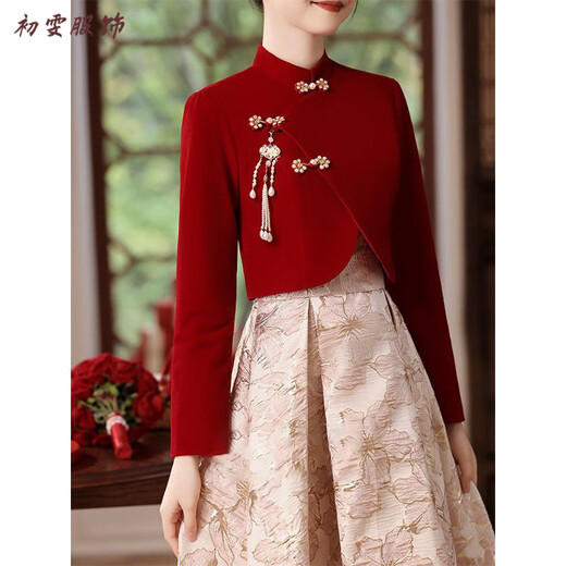 Meianjia new Chinese toasting dress bride's new red wedding engagement dress skirt women's winter long-sleeved winter wine red M