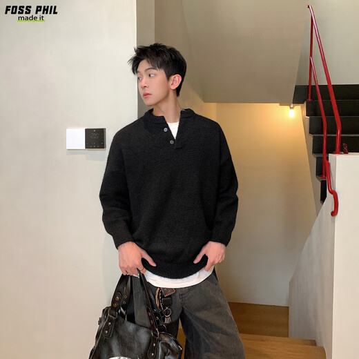 Foss Phil sweater men's autumn and winter solid color Henry collar casual pullover sweater top men MZ0051 black XL
