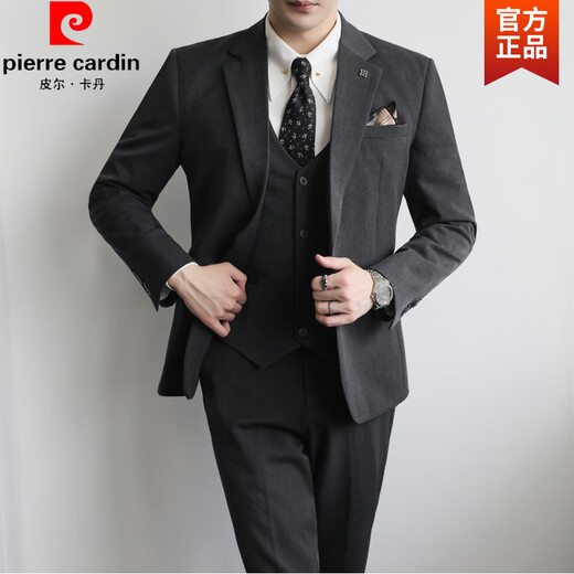 Pierre Cardin old money style autumn and winter casual suit men's professional formal one-button business suit three-piece knitted dark gray L