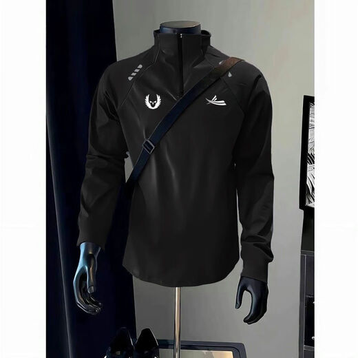 Fitness long-sleeved men's and women's loose half-zip sports T-shirt American running autumn and winter basketball training plus fleece cycling jersey V07 black reflective strips +276 M M