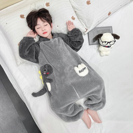 Disney children's one-piece pajamas autumn and winter flannel plus velvet thickened baby sleeping bag boys winter coral velvet home clothes gray 130 cm
