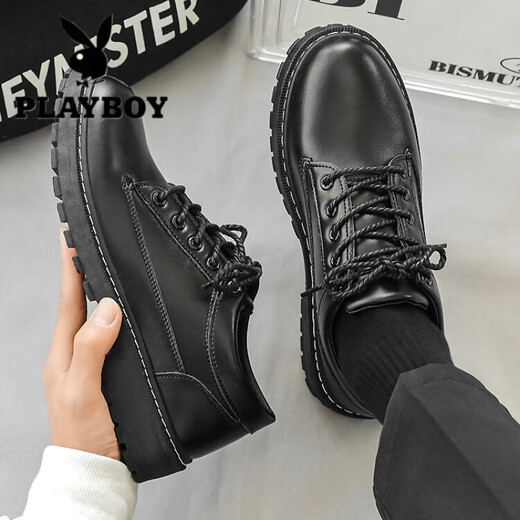 Playboy Autumn Business Leather Shoes Men's Formal Korean Style Trendy Breathable British Business Casual Shoes Thick Sole Round Toe Suit Trendy Shoes Black 1 41