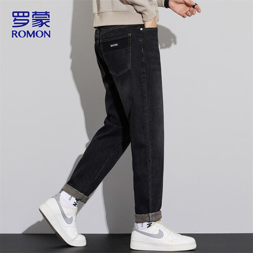 ROMON jeans men's elastic pants men's autumn and winter straight casual pants men's slim trousers black 32