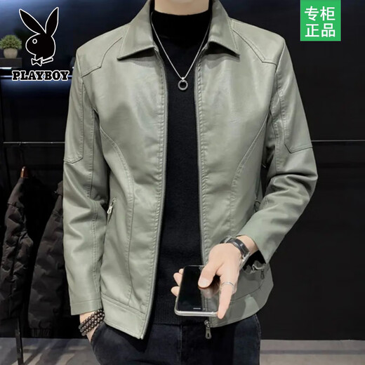 Playboy Leather Jacket Men's Autumn and Winter New Lapel Leather Jacket Trendy Slim Motorcycle Casual Korean Style Velvet PU Leather Jacket for Men 8898 Black Velvet L Recommended 110-125 Jin Jin equals 0.5 kg
