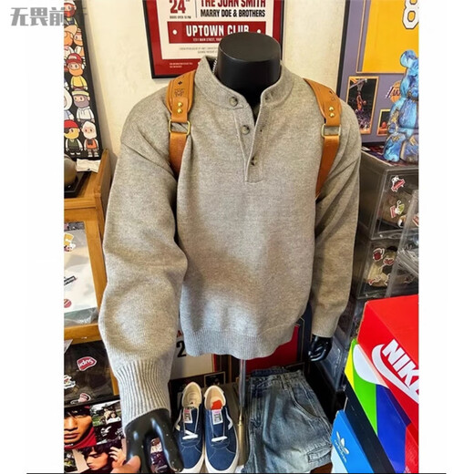 Fearlessly move forward cleanfit gray henley collar sweater for men in autumn and winter American lazy style sweater with velvet and thick inner base Gray S