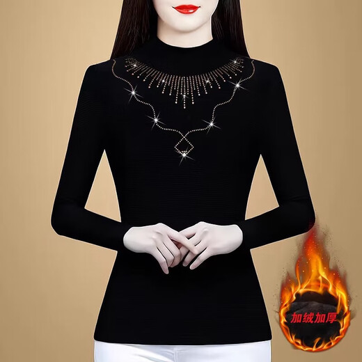 Diamond-encrusted half-turtleneck top for women, German velvet long-sleeved autumn and winter thickened middle-aged mother's wear bottoming shirt with velvet inside 8910 Black Yellow Bright Diamond 2XL Recommended 125-135 Jin Jin equals 0.5 kg