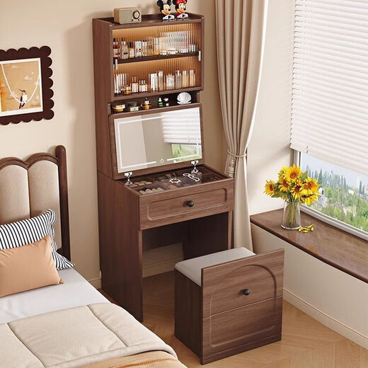 Solid wood bedside table with bookshelf integrated solid wood dressing table bedroom simple bedside dressing table small apartment flip book high cabinet walnut color 50cm dressing table makeup stool + makeup mirror delivery + installation upgraded USB socket + flip makeup mirror