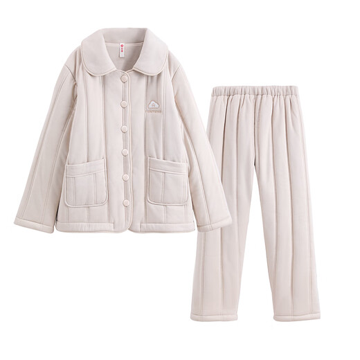 Fenton Couple Pajamas Fan Chengcheng's Same Style Star's Same Style Autumn and Winter Three-Layer Padded Thickened Anti-static Home Clothes Set Light Khaki-Women's XL