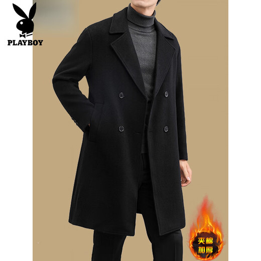 Playboy (PLAYBOY) woolen coat men's medium-length cashmere coat for young and middle-aged men's windbreaker thickened high-end woolen coat winter black (plus cotton) thick XL 180 (recommended 140Jin Jin equals 0.5kg -155Jin Jin equals 0.5kg)