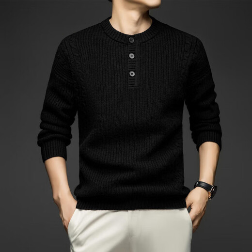 KBXNG KIMBA Pure Wool Sweater Retro Thickened Sweater Men's Winter Henley Collar Wide Version Loose Twisted Thick Wool Warm Needle Dark Brown S 165