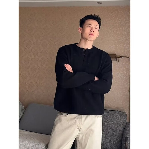 Japanese vintage Henry collar sweater for men and women autumn sweater business style bf retro pullover button knitted light gray M