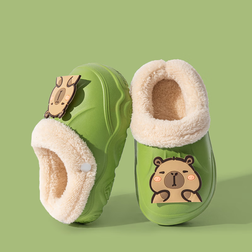 EVA children's cotton slippers with velvet for warmth in winter, cute cartoon removable non-slip parent-child cotton slippers for boys and girls, EVA warm velvet upgraded version, Khaki 37, inner length 21.5-22cm 230MM