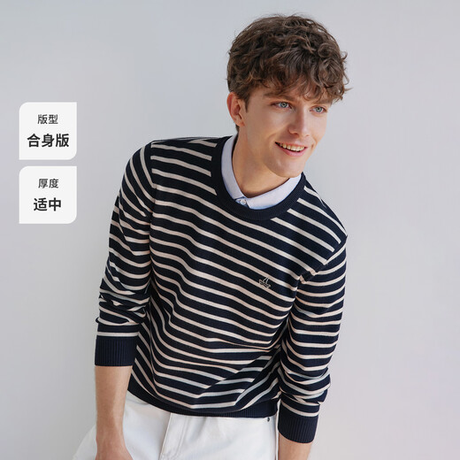 Navigare意大利小帆船假两件针织衫男春秋季老钱风休闲毛衣简约条纹上衣 海军蓝白 L