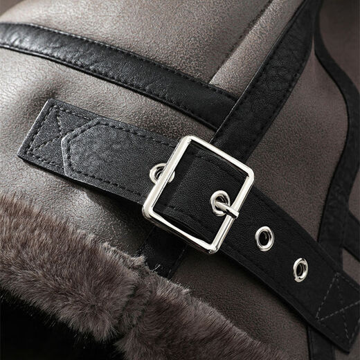 Falling retro leather jacket men's winter fur one-piece suede lamb hair plus velvet thickened motorcycle jacket retro gray M