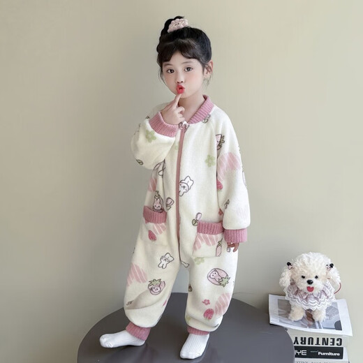 Baby coral velvet pajamas autumn and winter girls conjoined baby children's flannel sleeping bag thickened home clothes princess style off-white rabbit 100