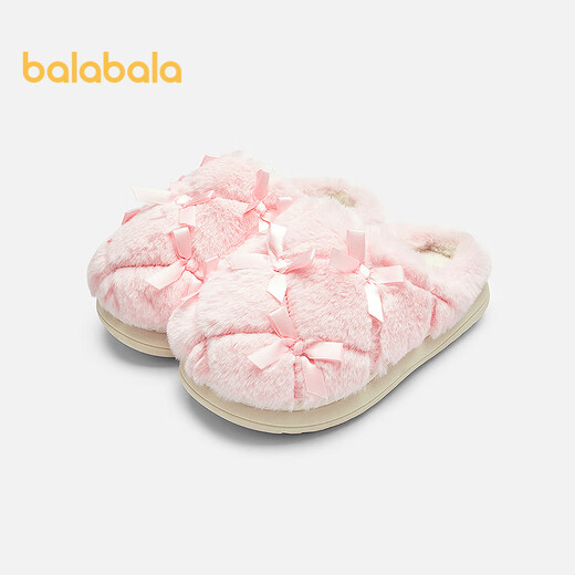 Balabala children's cotton slippers girls baby autumn and winter cotton shoes plus velvet indoor home shoes bow