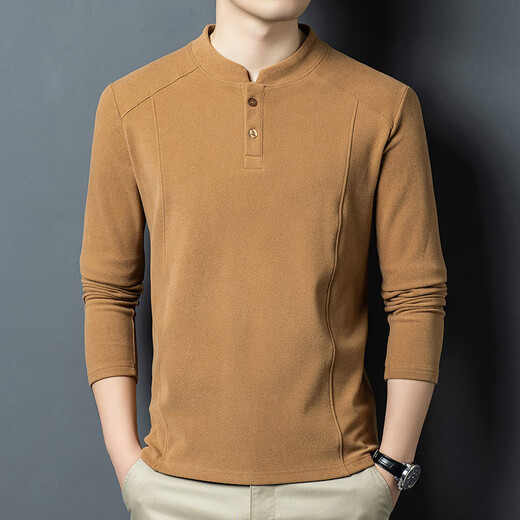 ISI Xialuo light luxury brand men's clothing 2025 autumn and winter double-sided German velvet bottoming shirt men's Henry collar warm and versatile long-sleeved camel yellow M 165 suitable for 90-115 Jin Jin equals 0.5 kg
