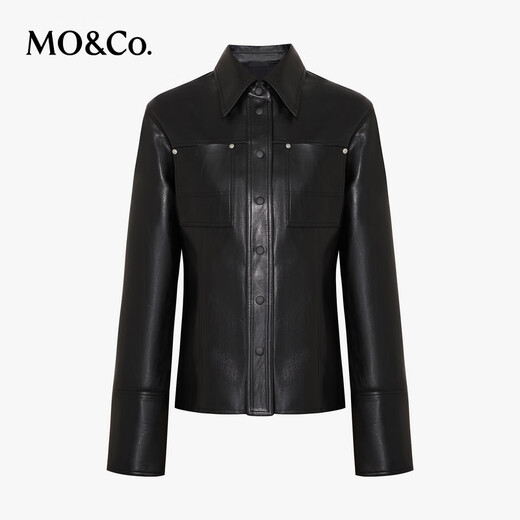 MO&Co.edition Xiaohongshu's popular MOCO jacket 2025 spring new rock plain leather fashion waist-fitting short shirt jacket black xXS/155