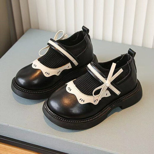 Soft-soled leather princess leather shoes for girls 2025 autumn and winter new style little girls plus velvet style performance dress shoes black single lining size 36 inner length 21.5 cm