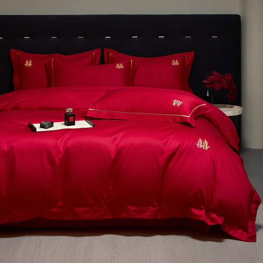 Mercury series home textiles high-end bright red wedding four-piece set wedding quilt cover pure cotton pure cotton sheets and fitted sheets bedding, the only 1.8 fitted sheet four-piece set quilt set 200*230