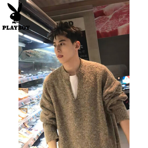 Playboy (PLAYBOY) Sweater Men's Cleanfit Henley Collar Winter Trendy Interior Loose Lazy Men's American V-neck Sweater Khaki Upgrade XL 130 to 145Jin Jin equals 0.5kg Can be worn