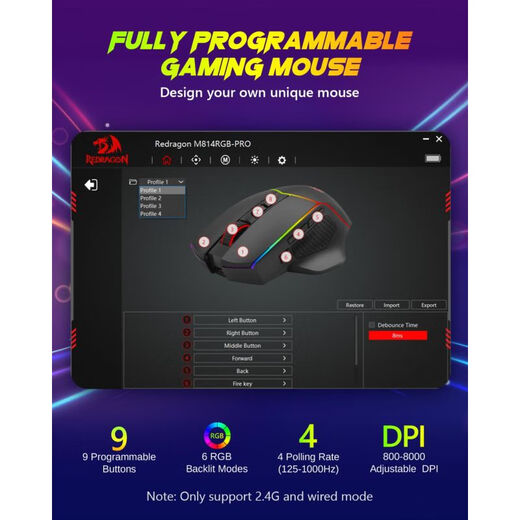 Red Dragon (REDRAGON) souris de jeu sans fil rechargeable programmable rétroéclairage RVB trois modes 2,4 G/USB-C/Bluetooth souris de jeu ergonomique 8 000 DPI veille automatique 250 heures d'autonomie pour ordinateur portable, PC et Mac