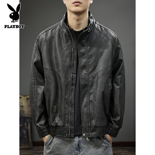 Playboy autumn and winter 2025 new handsome PU leather jacket men's autumn stand-up collar loose American top pilot leather jacket black gray plus velvet L suitable weight 130-145Jin Jin equals 0.5 kg
