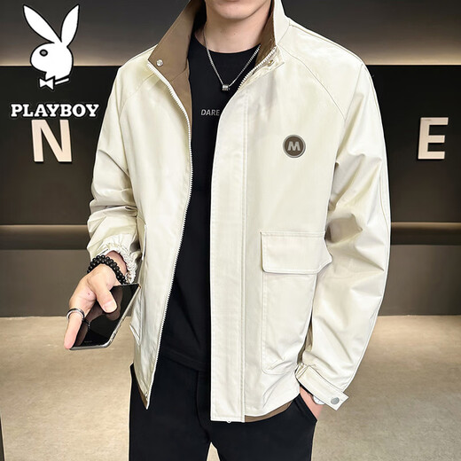 PLAYBOY Jacket Men's Spring and Autumn Thin Large Size Casual Workwear Stand Collar Versatile Loose Long Sleeve Jacket Black L