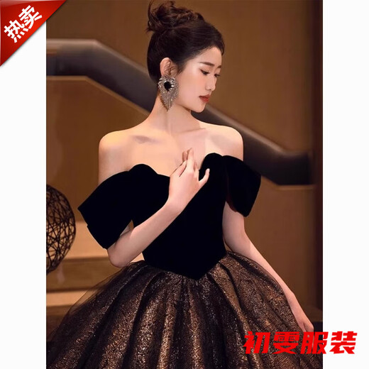 Mei An Jia Hepburn style evening dress women's one-shoulder slimming high-end light luxury banquet retro style art test skirt coming-of-age wedding photos black long style without bustle S