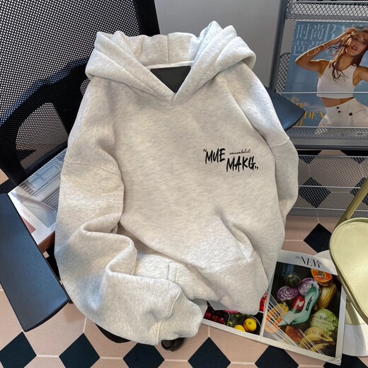 Cotton American heavyweight loose hooded sweatshirt for men in autumn and winter new oversize design letter jacket plus velvet white gray 3304 regular high quality XL 125-140Jin Jin equals 0.5 kg