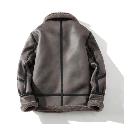 Falling retro leather jacket men's winter fur one-piece suede lamb hair plus velvet thickened motorcycle jacket retro gray M