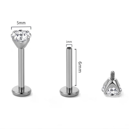 F136 medical titanium alloy earrings, ear bone nails, ear bone nails, hand-pierced implant-grade flat-bottom white anti-allergic 5mm white stones, one pair