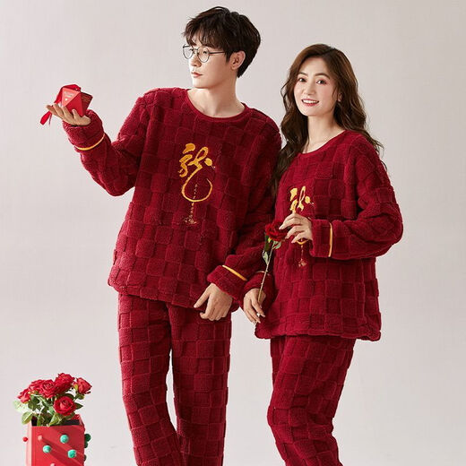 Victoria style suit wedding couple autumn and winter pajamas red autumn and winter thickened animal year plus velvet wedding home clothes coral two sets 7500 M female + male L
