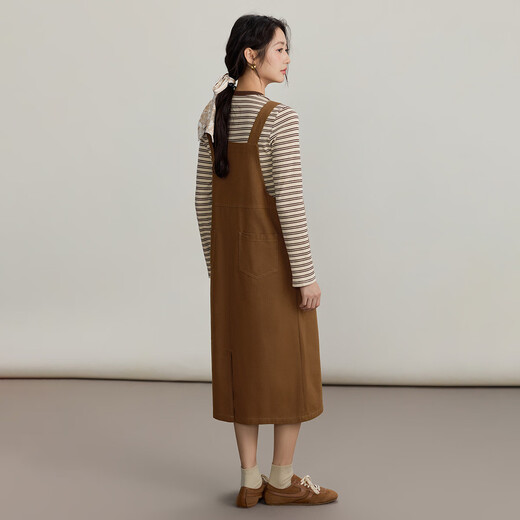 INMAN two-piece set 2025 autumn college retro Maillard striped long-sleeved T-shirt slit suspender skirt light brown S