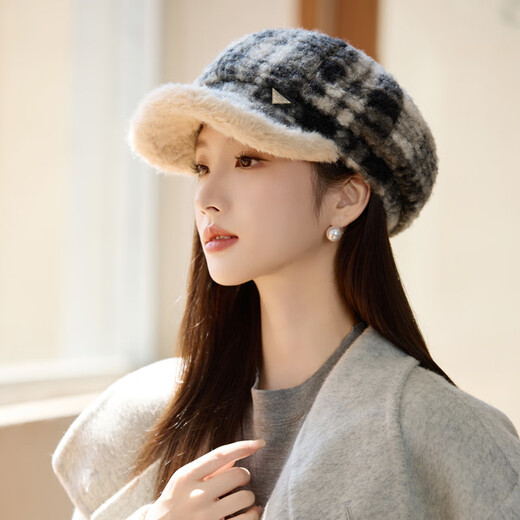 Jimmy Leaf lamb wool octagonal hat women's autumn and winter warm beret big head suitable for showing face small newsboy hat painter hat khaki color one size M (56-58cm)