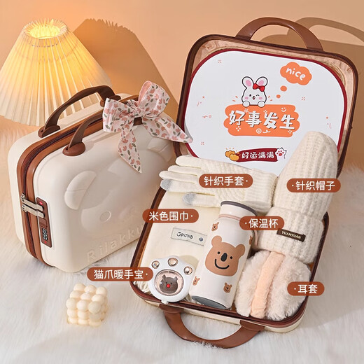 Crystal Scarf Women's Autumn and Winter 2025 New Gift Box Warm Women's Birthday New Year Gift for Girls Annual Party Gift Six-piece Bear Set Scarf + Hat + Gloves + Hand Warmer + Thermos Cup + Earmuffs