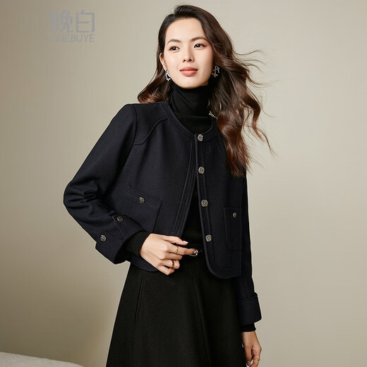 Late White New Product 2025 Autumn and Winter Fashion Simple Casual Jacket Round Neck Wool Temperament Short Jacket for Women Dark Blue M
