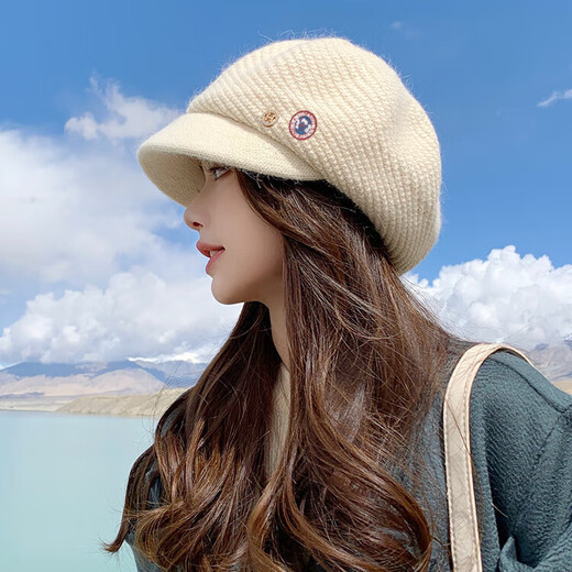 TUTORGOOSE rabbit fur knitted woolen hat for women in autumn and winter beret duck tongue winter thickened warm ear protection Korean style versatile trendy beige one size plus velvet adjustable