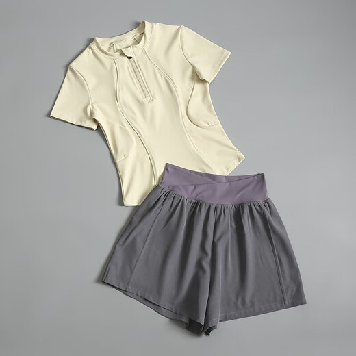 LULUNILEMON Lulu Sportswear Suit Women's Summer New Quick-Drying Fashion Internet Celebrity Pilates Training Fitness Running Yoga Wear Ivory + Khaki S