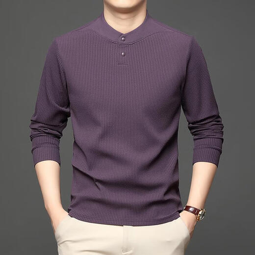 SEMALAM Meng Huihaowu's preferred round neck button top autumn and winter men's long-sleeved T-shirt Henry collar sweatshirt warm base layer G111-dark purple M recommended 100-120Jin Jin equals 0.5 kg