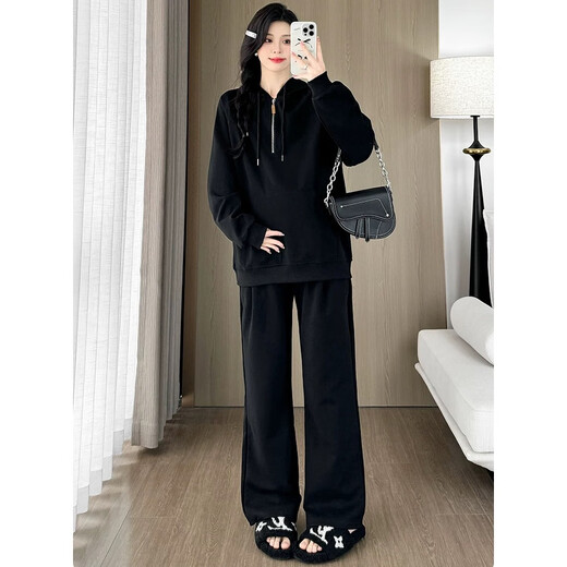 Ran Qiqi maternity wear autumn suit top long-sleeved loose hooded zipper sweatshirt pants two-piece set 2025 new autumn clothing apricot suit L