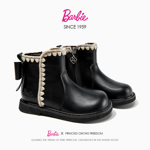 Barbie Girls' Boots Winter Children's Short Boots Snow Boots Plush Small Leather Shoes Princess Shoes Martin Boots DA7023 Black 30