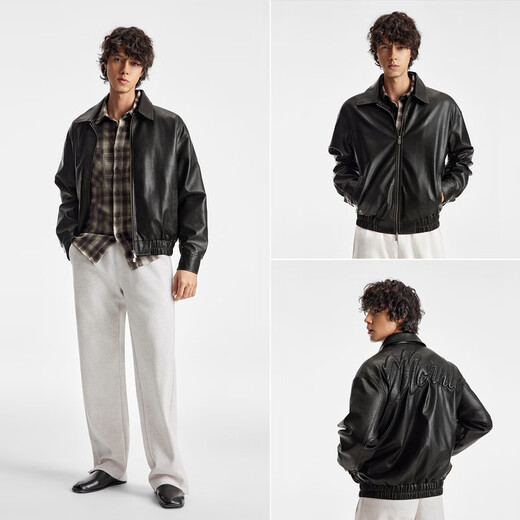 BODYDREAM Back Filled Embroidered Leather Jacket Men's Rubber Colored Distressed PU Leather Jacket Casual Loose Leather Jacket Black S 120Jin Jin equals within 0.5kg