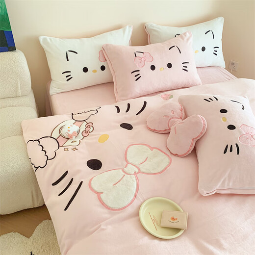MUJI winter milk velvet appliqué embroidered four-piece set thickened double-sided velvet sheet quilt cover fitted sheet home dormitory warm kit cute cat-pink Class A baby velvet 1.8m bed sheet style four-piece set-quilt cover 200*230cm