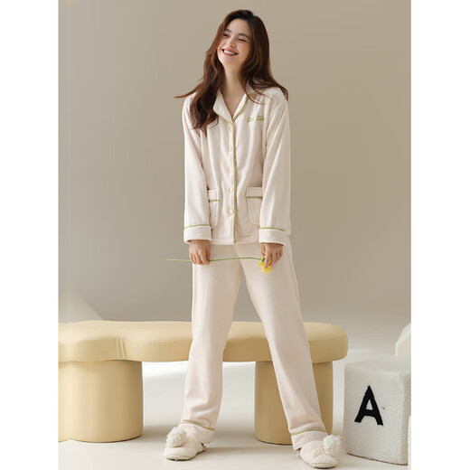 Anzhiban anti-static coral velvet pajamas for women in winter thickened warm flannel cardigan autumn and winter men's home clothes women 64957# bean sand powder M