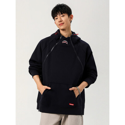 OEMG shark mouth zipper design hoodie sweatshirt men's autumn trendy brand pullover top loose jacket navy blue XL recommended 110-130Jin Jin equals 0.5 kg