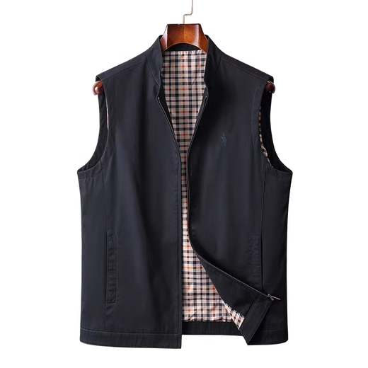 圣马奇保罗polo马甲男春秋新款时尚休闲立领马夹男马标刺绣潮流坎肩男外套 深蓝色翻领B款 XL 建议140-155斤