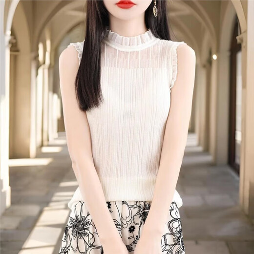French Fashion Lace Collar Vest Women's Summer Mesh Half-Turtle Collar Bottoming Shirt Western Style Lace Inner Sleeveless Top White One Size Recommended 80-135 Jin Jin equals 0.5 kg